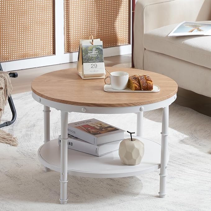 VINGLI 25.6" Natural White Round Farmhouse Coffee Table, 2-Tier Storage Wood Center Circle Accent Table for Living Room, Bedroom, Apartment, Studio and Small Spaces, Sturdy Metal Frame, Natural Color
