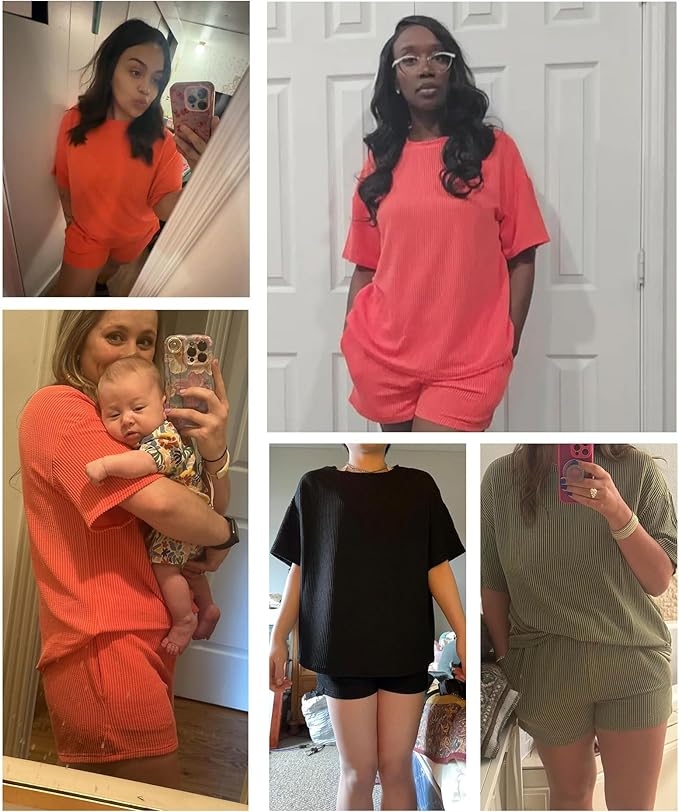 MARZXIN Women 2 Piece Shorts Set 2026 Casual Summer Cruise Outfits Ribbed Loose Short Sleeve Pocket Matching Lounge Sets
