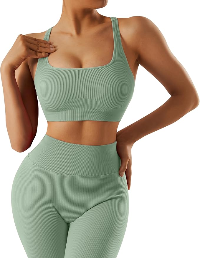 RXRXCOCO Ribbed Workout Sets for Women 2 Piece Backless Strappy Sports Bra Seamless Leggings Matching Set Yoga Outfits