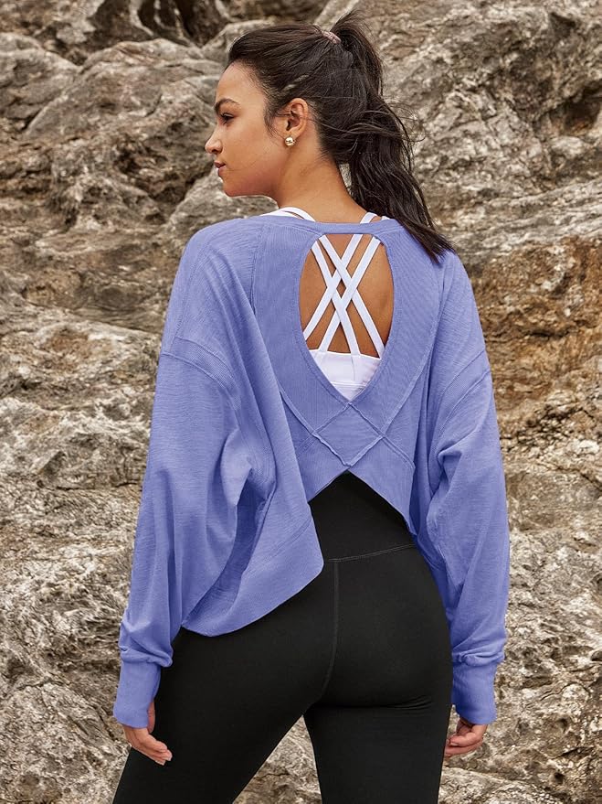 Panadila Womens Open Back Workout Top Long Sleeve Athletic Shirts Casual Crop Running Tee Y2k Yoga