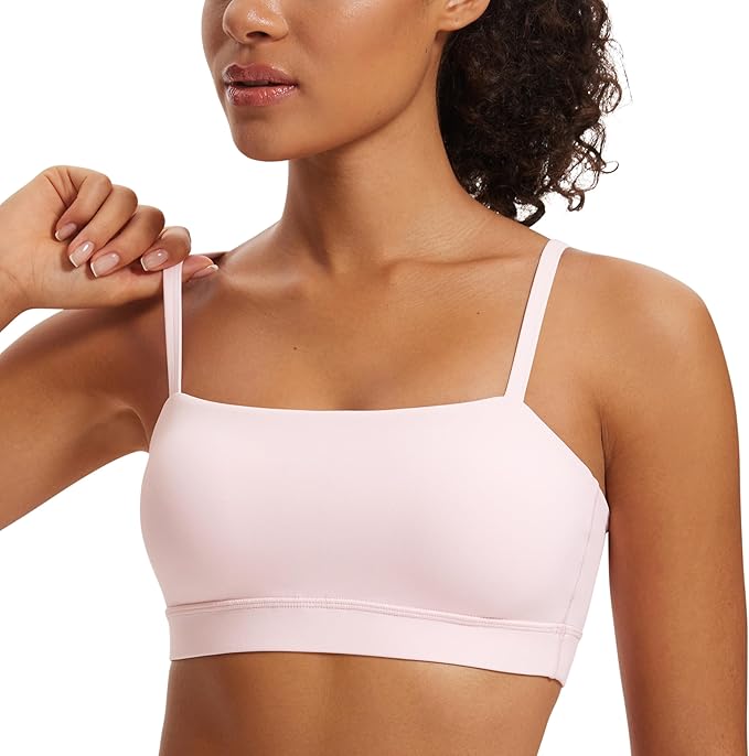 CRZ YOGA Butterluxe Womens Adjustable Spaghetti Thin Strap Sports Bra - Padded Wireless Square Neck Workout Yoga Clothes