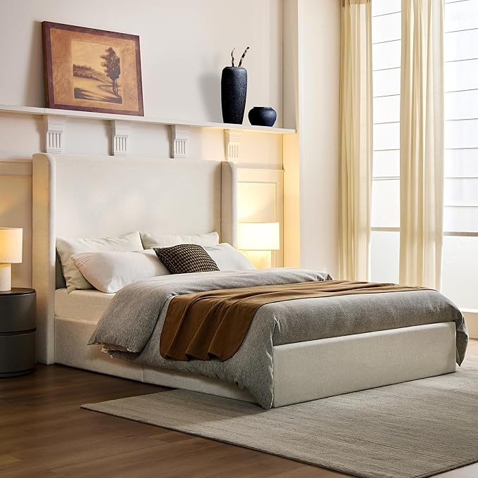 Full Size Upholstered Platform Bed Frame, 53.5" High Headboard Carmen Wingback Beds, Tall Headboard King Floor Bed Frames, No Box Spring Needed No Noise, Minimalist, Textured Ivory