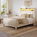 Bestier Queen Size Upholstered Wingback Bed Frame with 51” High Headboard Corduroy Fabric RGB LED Lights, Charging Station Dual Storage Shelves Modern Off White Platform Bed No Box Spring Needed