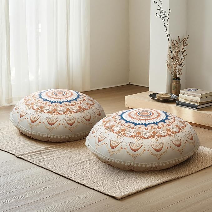 Meditation Cushion Set of 2, 32 Inch Extra Thick Memory Foam Round Floor Pillow with Removable Washable Cover, Bohemian Mandala Yoga Cushion for Adults - Ideal Holiday Decor, Brown