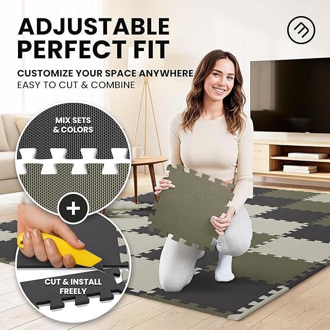 bemaxx Gym Mats Set - 18 pcs EVA Interlocking Foam Floor Tiles (12.6"x12.6"x0.4") 18sqft Protective Gym Flooring Sports Home Workout Exercise Mats Puzzle Garage Fitness Play-Room Pool Treadmill Bike