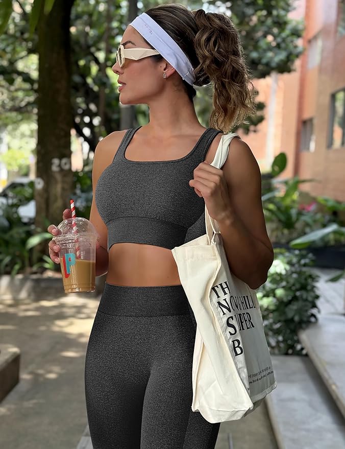 OLCHEE Womens Workout Sets 2 Piece Seamless Square Neck Sports Bra Padded Butt Lifting Leggings High Waist Yoga Gym Outfits