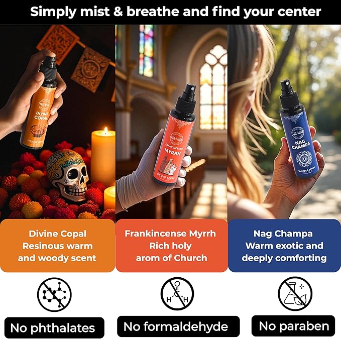 Set of 3 Smudge Sprays Frankincense Myrrh|Nag Champa|Copal for Cleansing Negative Energy and Protection - Natural Room Sprays and Body Mists Made with Non Toxic Essential Oils