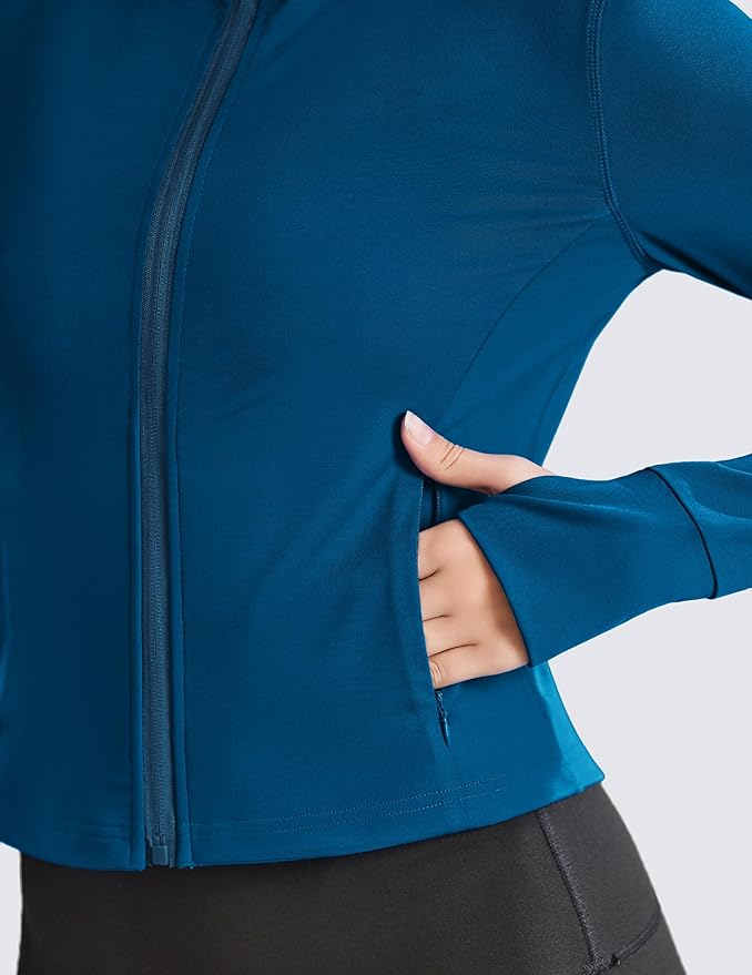 PINSPARK Women Cropped Workout Jackets Full Zip Slim Fit Athletic Jackets Thumb Holes Running Jacket with Zipper Pockets