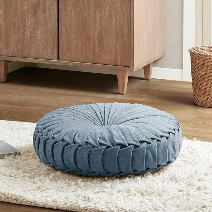Intelligent Design Loretta Floor Pillow, Large Cushions Sitting for Adults, Floor Pillow for Meditation or Yoga, Lustrous Chenille Button Tufted, Pleated Design for Bench/Chair, 22"x22"x6", Aqua