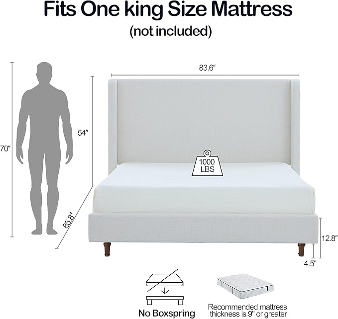 Upholstered Bed Frame King Size, 54" Tall Headboard Curved Wingback Platform Bed Frame/Elegant Boucle Bed Frame for Bedroom/ Wood Slats Support/No Box Spring Needed/Easy Assembly/Cream White Boucle