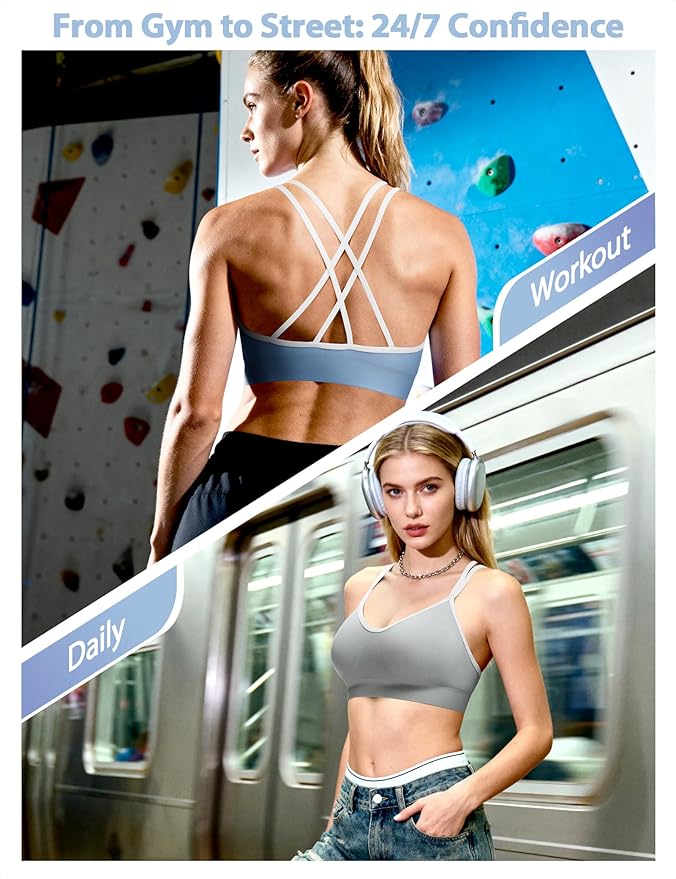 VEQKING Women's Cross Back Sports Bra Padded Strappy Medium Support Yoga Bra for Workout Fitness 3 Pack