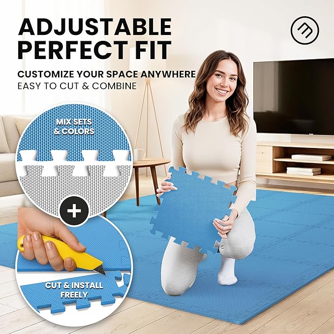 bemaxx Gym Mats Set - 18 pcs EVA Interlocking Foam Floor Tiles (12.6"x12.6"x0.4") 18sqft Protective Gym Flooring Sports Home Workout Exercise Mats Puzzle Garage Fitness Play-Room Pool Treadmill Bike