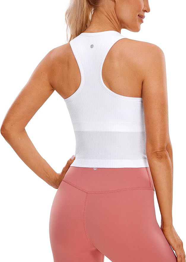 CRZ YOGA Seamless Ribbed High Neck Crop Tank Tops for Women - Longline Racerback Padded Sports Bras
