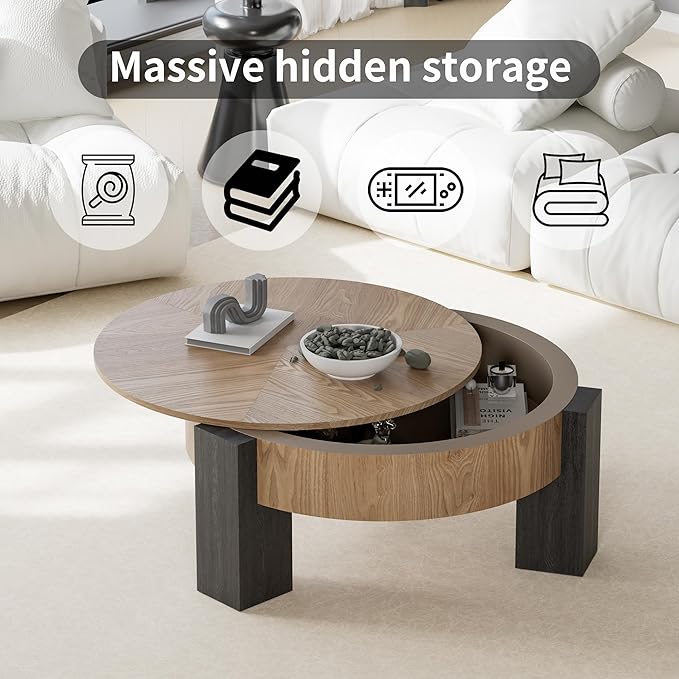 33'' Round Coffee Table with Hidden Storage, Modern Wood Veneer Top, 3 Block Legs Sturdy Center Accent Table for Living Room, Small Space, Natural Wood & Black