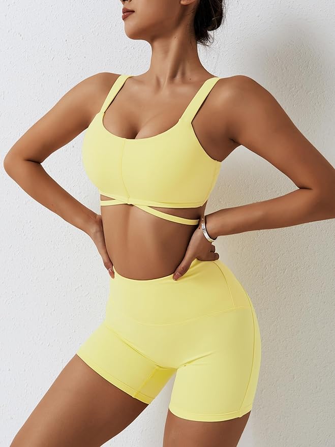 ABOCIW Workout Sets for Women 2 Piece Twist Front Halter Sports Bras High Waist Biker Shorts Exercise Gym Yoga Outfit