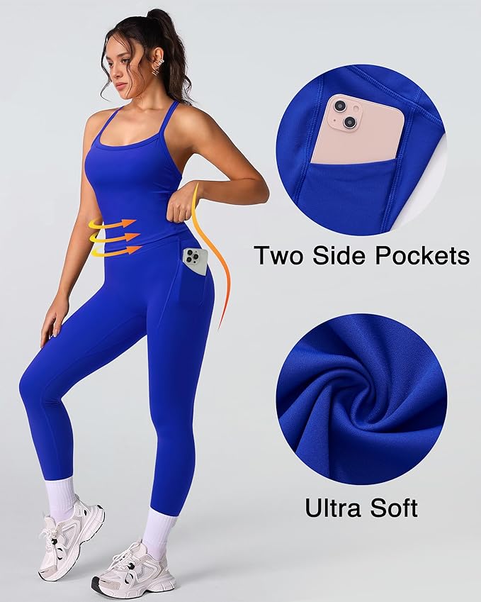 RXRXCOCO Cross Back Workout Sets for Women 2 Piece Padded Tank Tops Hidden Scrunch Leggings Gym Outfits with Pockets