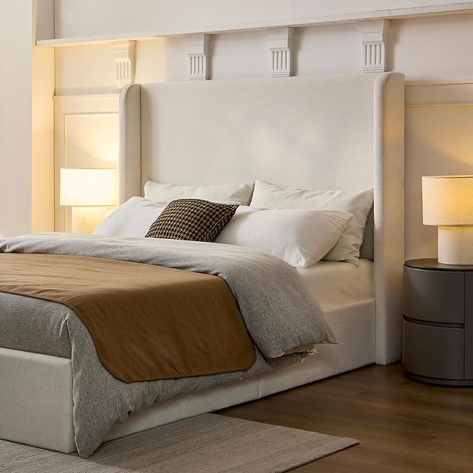 King Size Upholstered Platform Bed Frame, 52.3" High Headboard Carmen Wingback Beds, Tall Headboard King Floor Bed Frames, No Box Spring Needed No Noise, Minimalist, Textured Ivory
