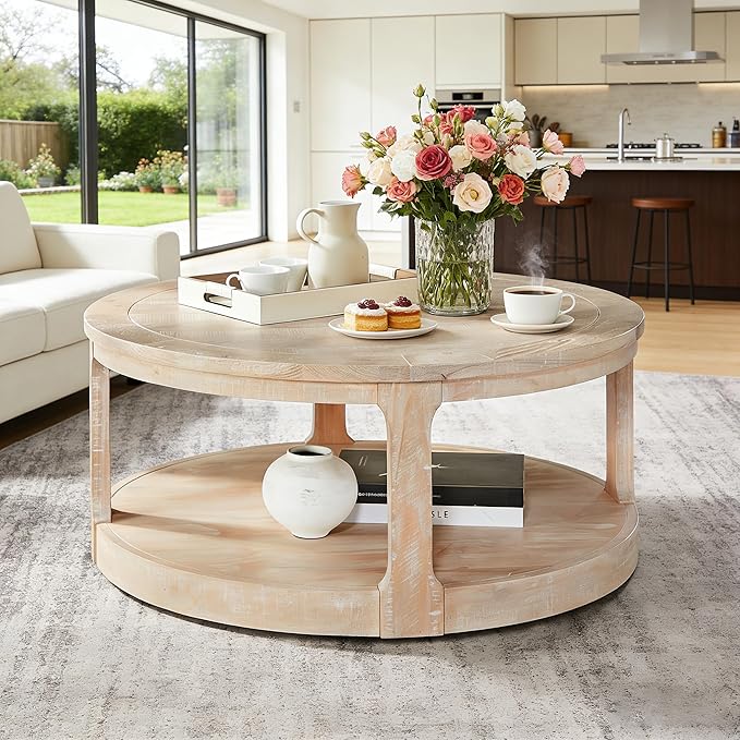 40" Round Wood Coffee Table, 2 Tier Modern Center Table with Roller Wheels,Solid Wood+MDF, Easy Assembly, Accent Table for Living Room, Apartment, Small Space.(Oak)