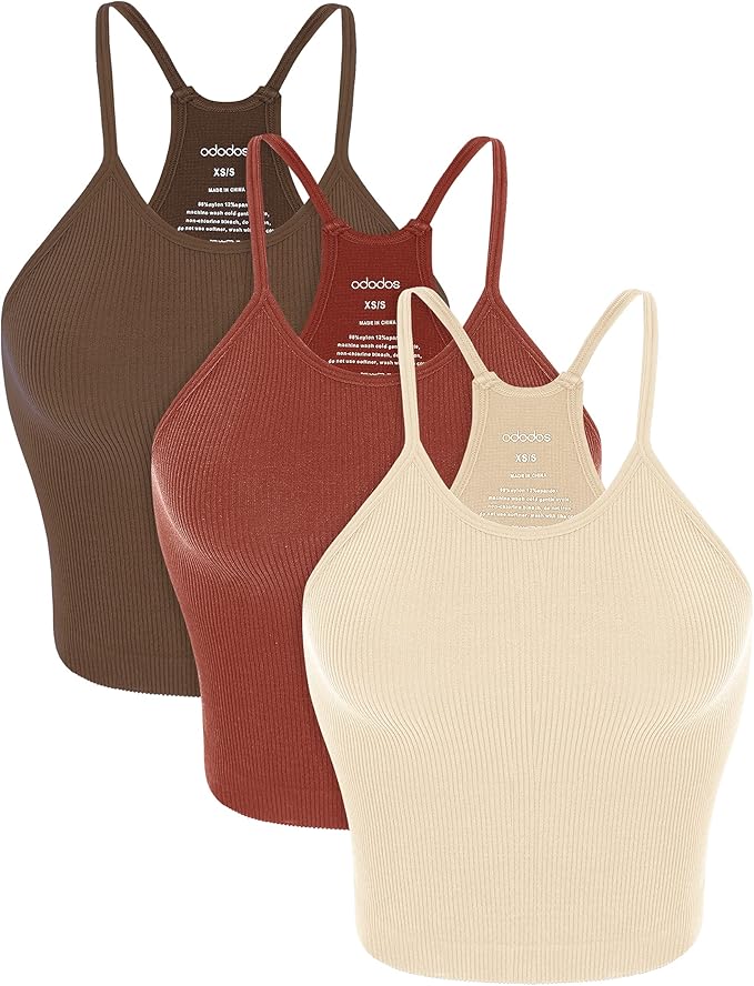ODODOS Women's Crop 3-Pack Seamless Rib-Knit Camisole Crop Tank Tops