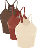 ODODOS Women's Crop 3-Pack Seamless Rib-Knit Camisole Crop Tank Tops