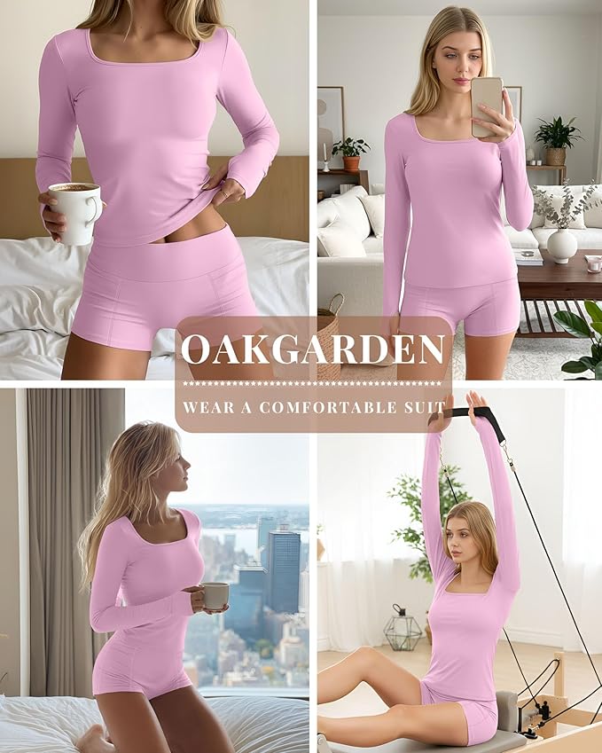 Oakgarden Women's Long Sleeve Yoga Set Square Neck Slim Fit Tops Elastic Soft Thumb Hole Shirt High Waist Shorts with Pockets