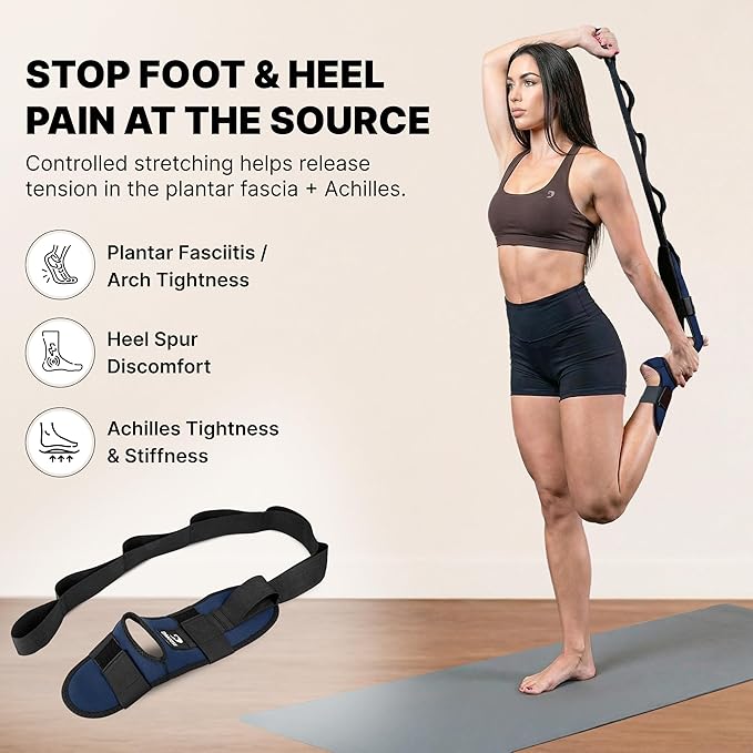 DMoose Fitness Foot & Calf Stretcher with Adjustable Padded Stretching Strap for Plantar Fasciitis, Hamstring, Heel Spurs and Achilles Tendonitis Relief - Yoga Leg Stretch Strap for Flexibility