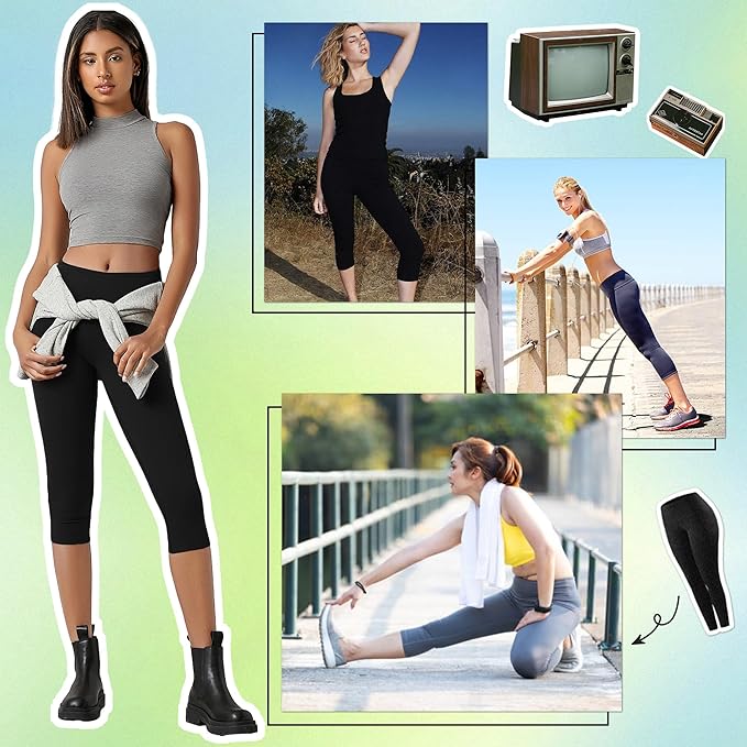 NexiEpoch 4 Pack Leggings for Women - High Waisted Tummy Control Soft Black Capri Yoga Pants with Pockets for Workout