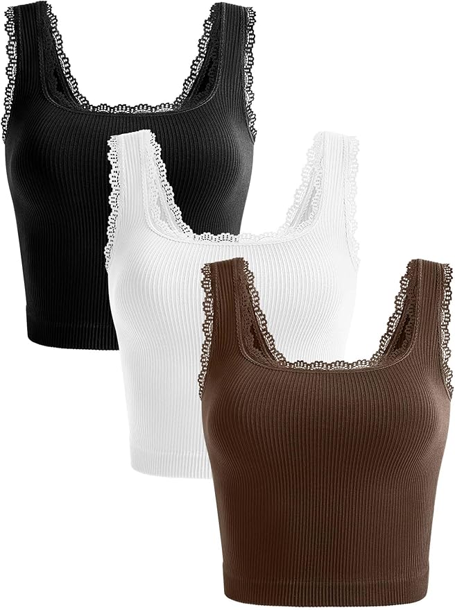 OLCHEE Womens 3 Pack Crop Tank Tops Basic Seamless Ribbed Sleeveless Square Neck Workout Top Summer Exercise Yoga Gym Shirts