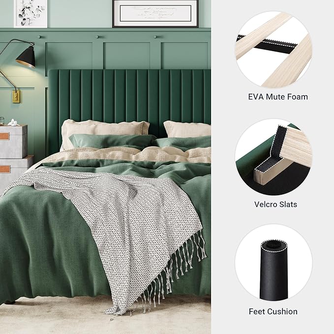Allewie Full Bed Frame, Velvet Upholstered Platform Bed with Adjustable Vertical Channel Tufted Headboard, Mattress Foundation with Strong Wooden Slats, Box Spring Optional, Easy Assembly, Green