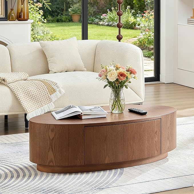 47.24" Oval Wood Coffee Table with Storage Drawer MDF Center Table Side Table for Living Room, Apartment, Office (Dark Walnut)