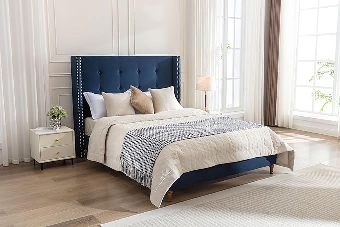 Upholstered Bed Frame, 54" Tall Headboard Wingback Upholstered Platform Bed Frame for Kids Teens Adults Bedroom Strong Wood Slats Support/No Box Spring Needed (Blue, King)
