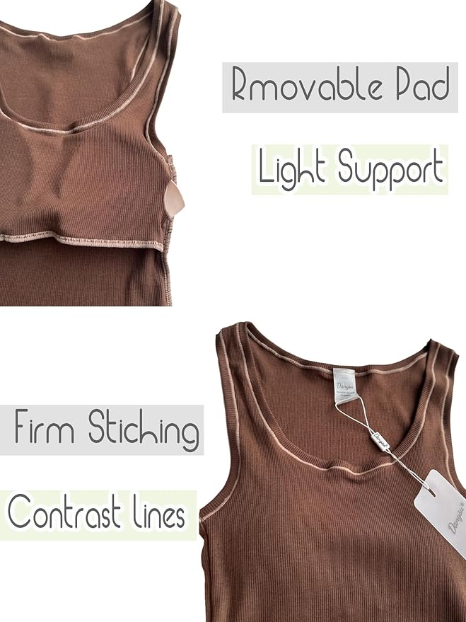 Danysu Women Rib Tank Top Padded Workout Top Square Neck Crop Tank Fitted Basic Cami Tops