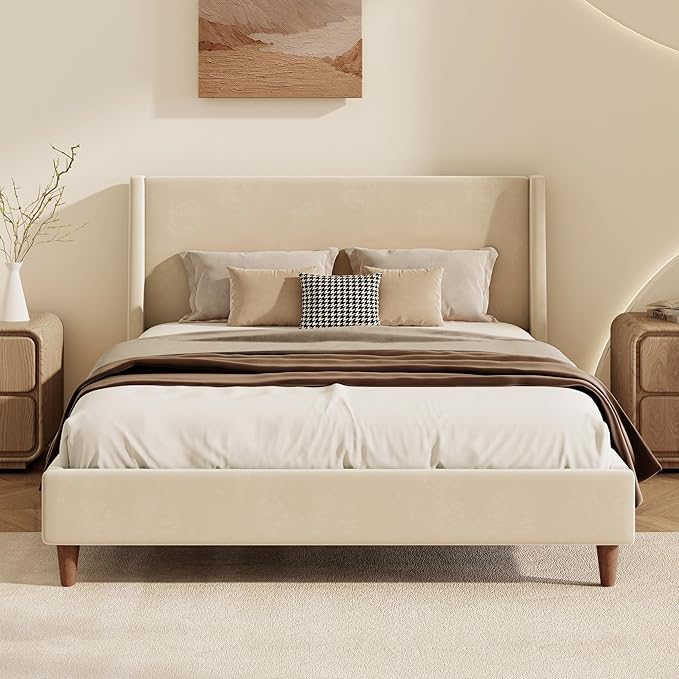 Queen Size Upholstered Platform Bed Frame, Modern Wingback Beds with Tall Headboard, Upholstered Bed Frames with Walnut Wooden Legs, No Box Spring Needed/Easy Assembly, Beige Velvet