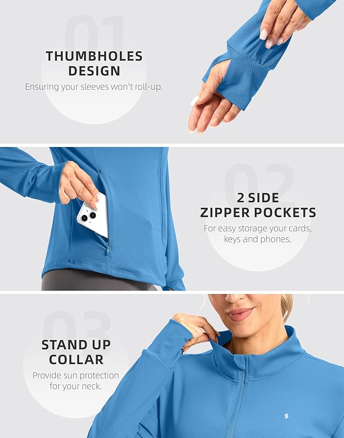 Soothfeel Women's UPF 50+ Lightweight Athletic Jackets Sun Protection Zip Up Long Sleeve Shirts Hiking Workout Outdoor Pocket
