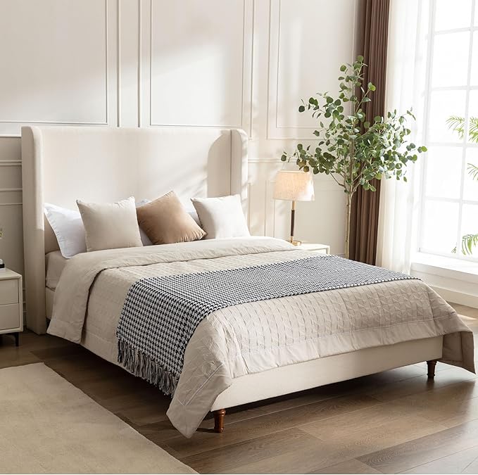 Upholstered Bed Frame King Size, 54" Tall Headboard Wingback Upholstered Platform Bed Frame for Adults Bedroom Strong Wood Slats Support/No Box Spring Needed/Easy Assembly, Beige