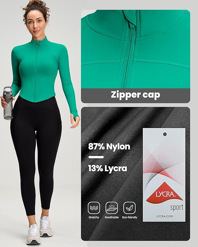 Women BBL Jacket Full Zip UP Workout Athletic Cropped Jacket wIth Thumb Holes Running Yoga Sportswear