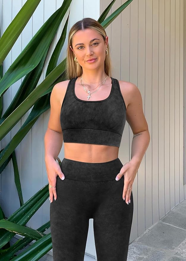 OLCHEE Womens Workout Sets 2 Piece - Acid Wash Seamless Yoga Outfits High Waist Leggings Padded Racerback Sports Bra Gym Set