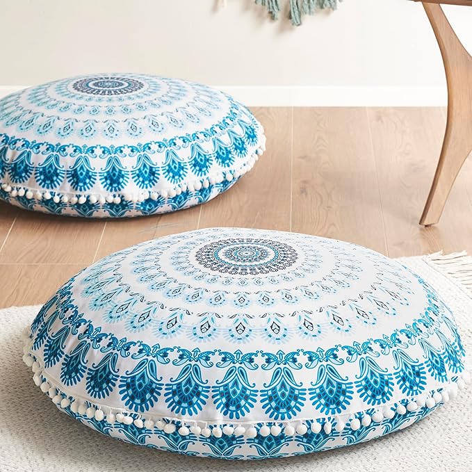 Codi Meditation Floor Pillow Set of 2, Round Large Pillows Seating for Adults, Bohemian Mandala Circle Cushion for Outdoor Fireplace Yoga Living Room, 32 Inch, Memory Foam Added, Aqua
