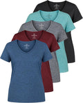 Real Essentials 5 Pack: Women's Dry-Fit Short Sleeve V Neck T Shirt Workout Fitness Yoga Top Tee (Available in Plus Size)