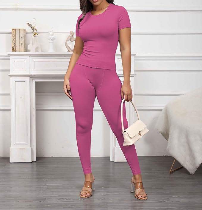 PINSV 2 Piece Sets for Women Summer Casual Jogger Workout Outfits Fitted Crew Neck T-shirt High Waist Legging Sets