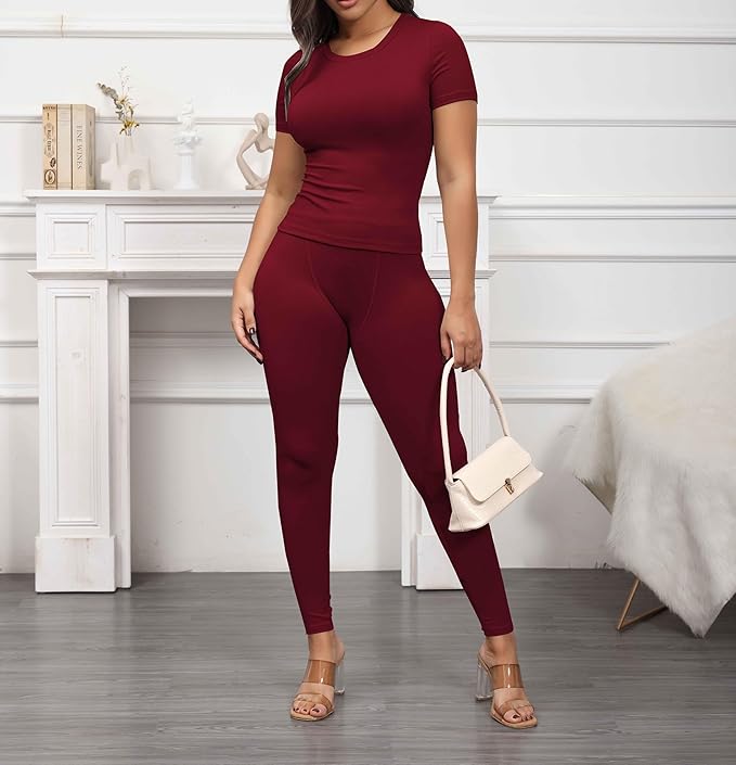 PINSV 2 Piece Sets for Women Summer Casual Jogger Workout Outfits Fitted Crew Neck T-shirt High Waist Legging Sets