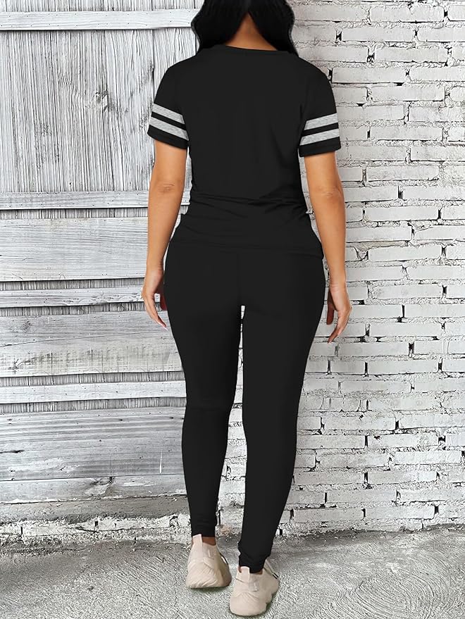 Two Piece Sets for Women Summer Short Sleeve Striped Crewneck Slim Fit Active Casual Sweatsuits