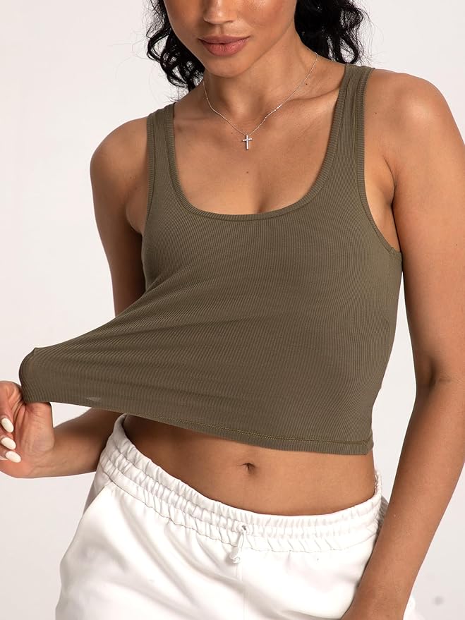Danysu Women Rib Tank Top Padded Workout Top Square Neck Crop Tank Fitted Basic Cami Tops