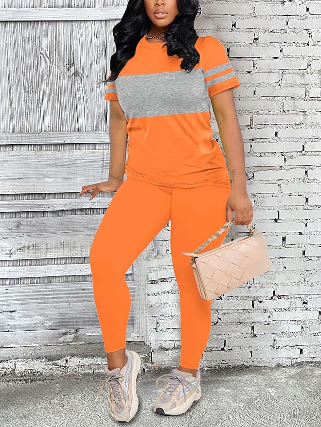 Two Piece Sets for Women Summer Short Sleeve Striped Crewneck Slim Fit Active Casual Sweatsuits