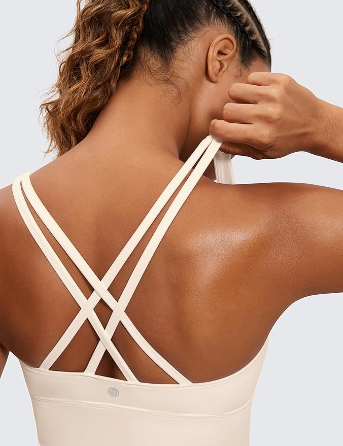 CRZ YOGA Naked Feeling Strappy Longline Sports Bras for Women - Medium Impact Criss Cross Yoga Padded Workout Crop Top