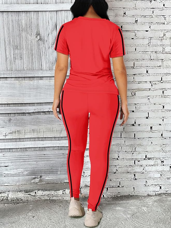 Women's 2 Piece Outfits Sweatsuit Summer Workout Striped Short Sleeve Long Sweatpants Casual Jogging Lounge Set