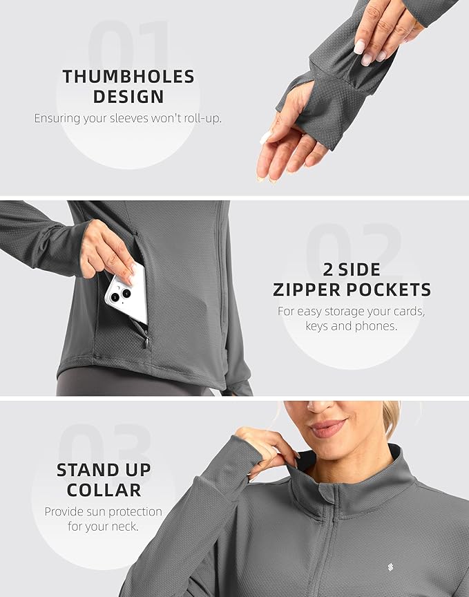 Soothfeel Women's UPF 50+ Lightweight Athletic Jackets Sun Protection Zip Up Long Sleeve Shirts Hiking Workout Outdoor Pocket