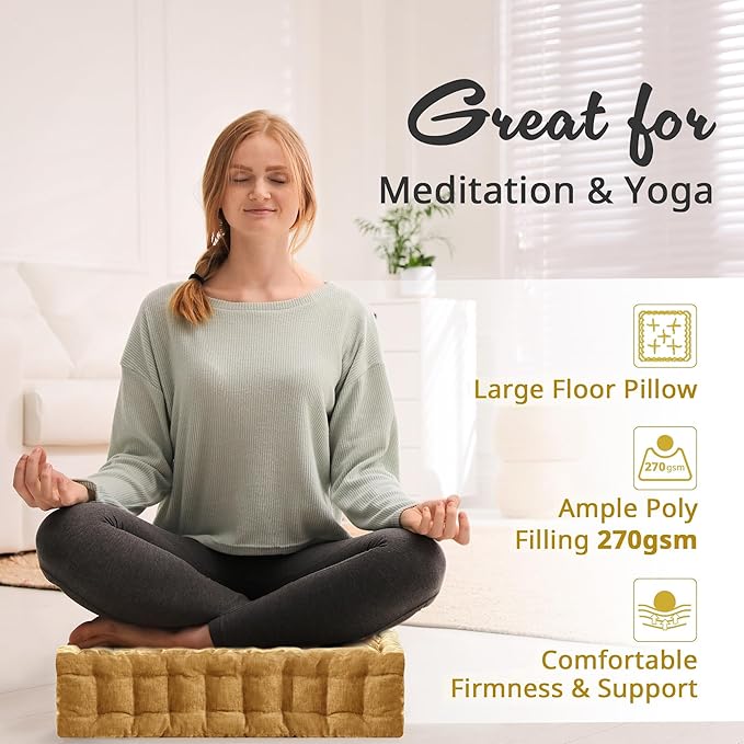 Intelligent Design Azza Floor Pillow, Large Cushions Sitting for Adults, Floor Pillow for Meditation or Yoga, Lustrous Chenille Tufted with Scalloped Edges for Bench/Chair Cushion, 20"x20"x5" Yellow
