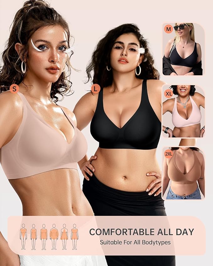 OEAK Womens Deep V Bras Wireless Comfortable Bra Supportive No Underwire Bras Tshirt Push Up Bralettes Plunge Seamless Bra