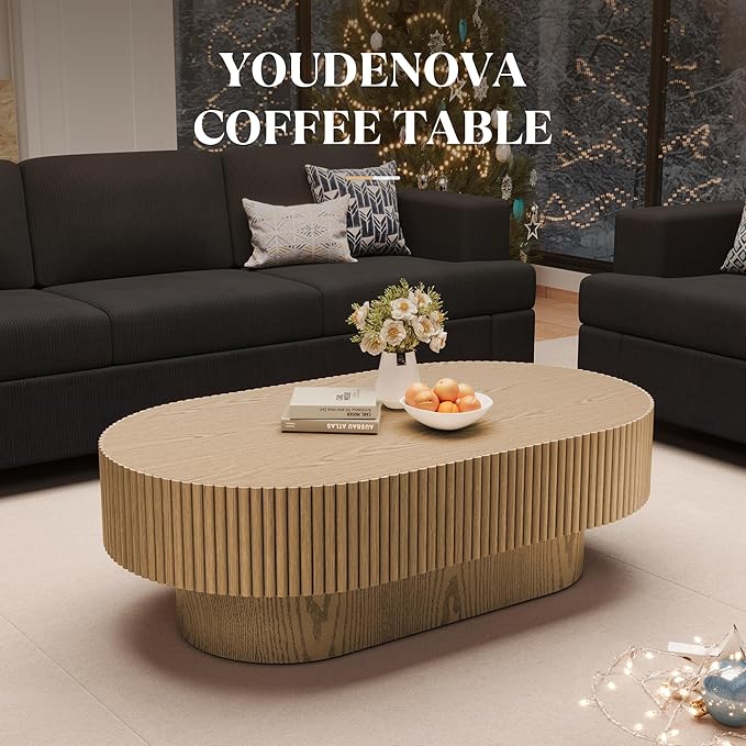 YOUDENOVA 43.7” Oval Coffee Table, Modern Wood Fluted Coffee Table for Living Room, Veneer Handcrafted Relief Center Table with Sturdy Pedestal，Easy Assembly - Natural